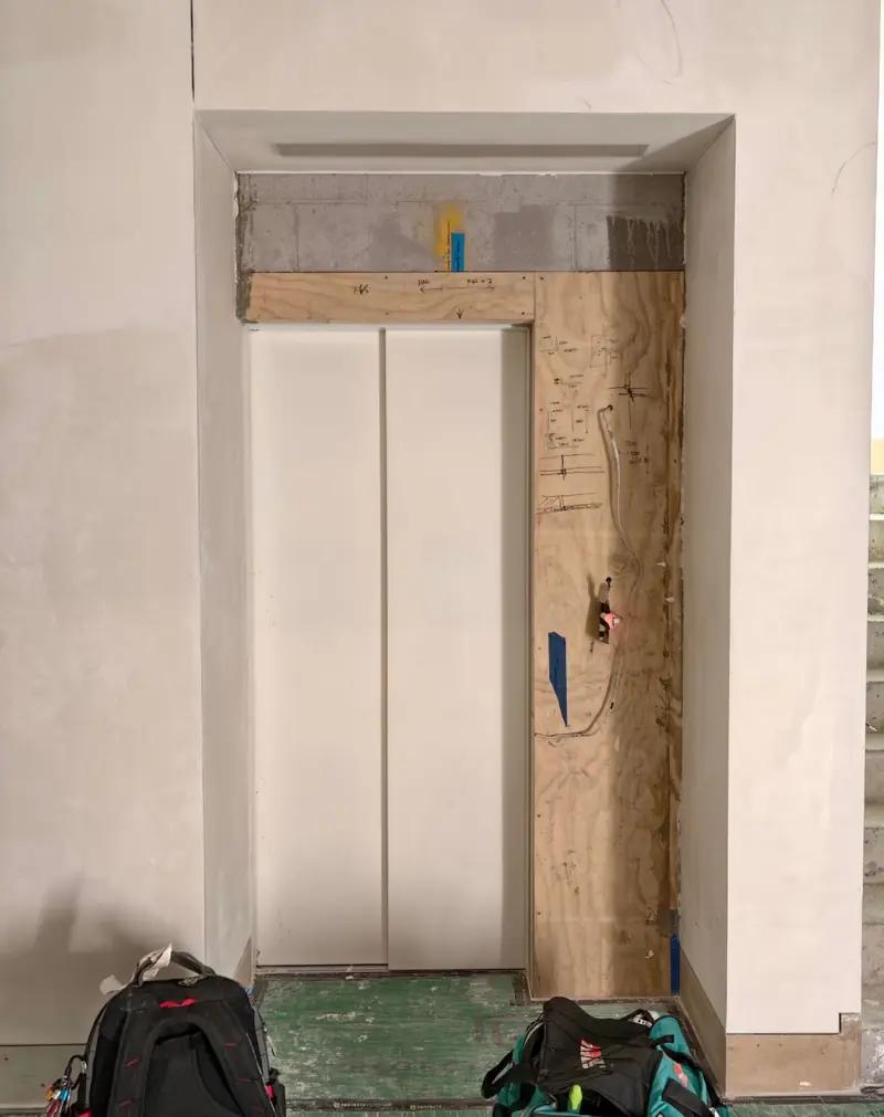 Lift doors framed in during building works, installed by Lift Ease