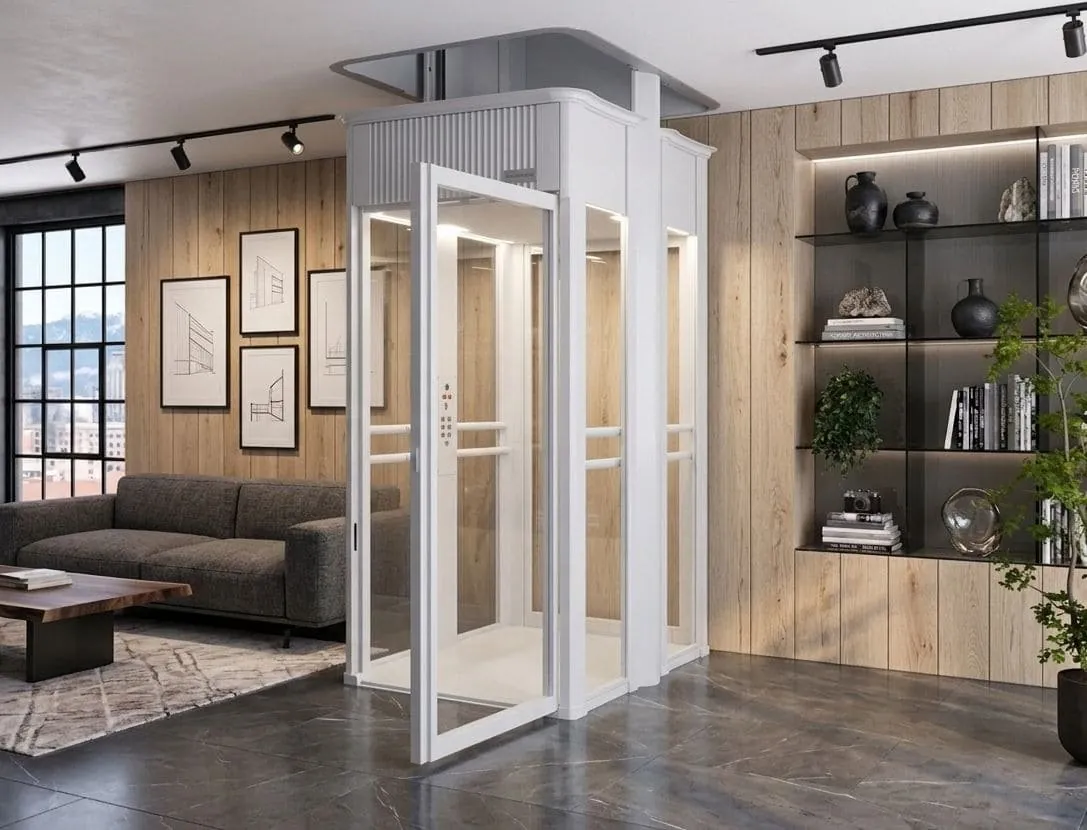 Modern residential home interior with a sleek white home lift installed in a contemporary living space